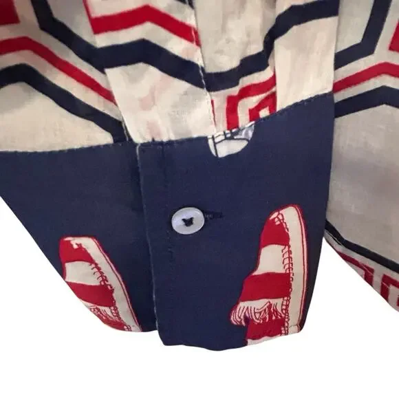 TIZZIE Women’s 100% Cotton Collared Long Sleeve Red White Blue Top Blouse Size M - Picture 7 of 12